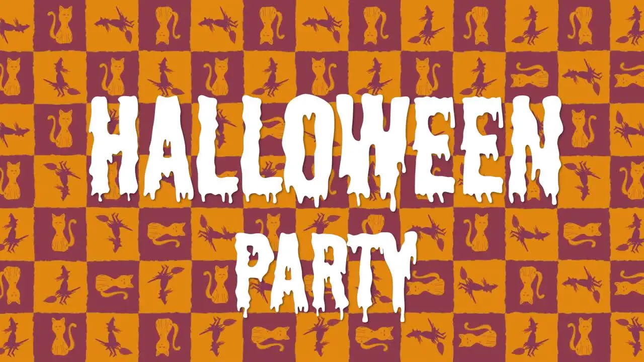 Animation of halloween party over squares with cats ans witches on red and orange background