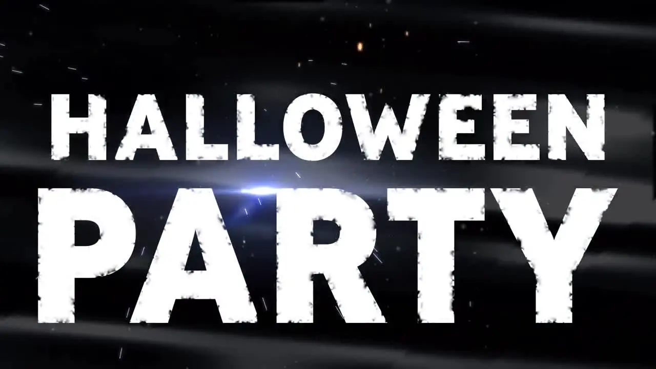 Animation of halloween party text over light spots and lightning on black background