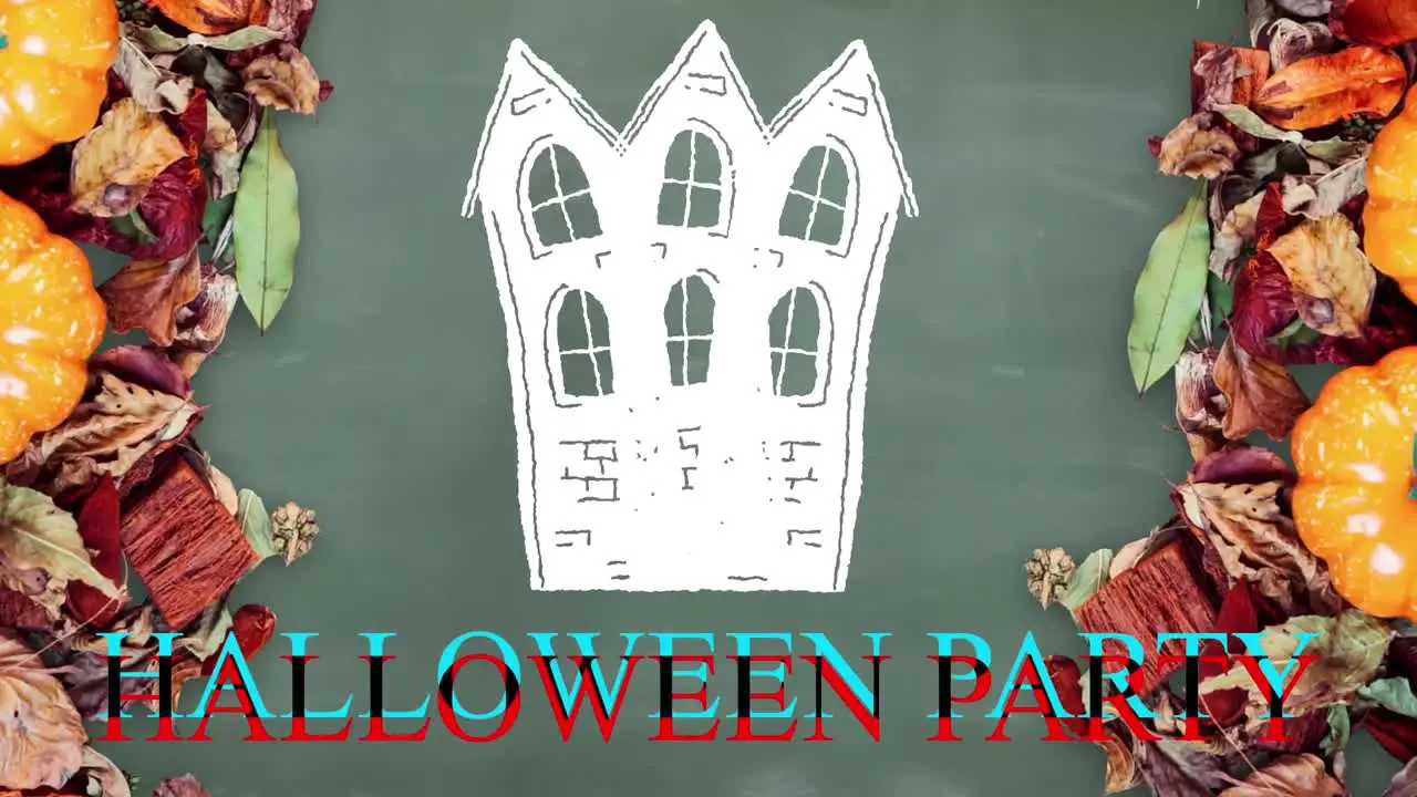 Animation of halloween party text over house and pumpkins