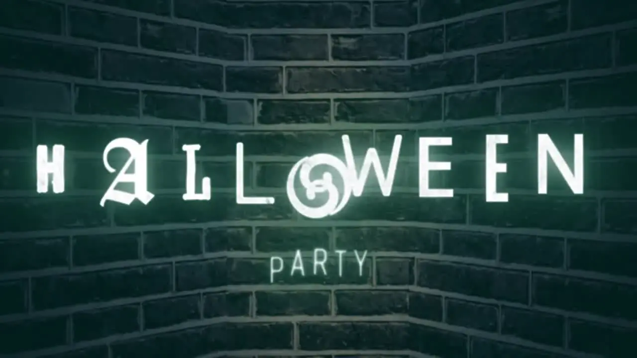 Animation of glowing halloween party over brick background