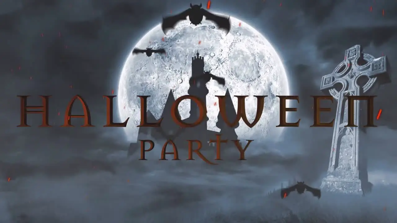 Animation of halloween party text over bats flying graveyard and castle