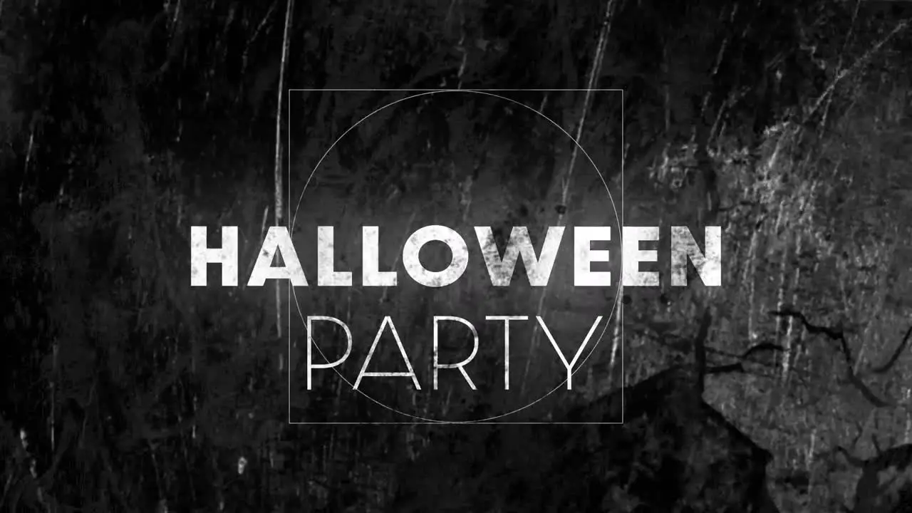 Animation of halloween party text over moving shapes