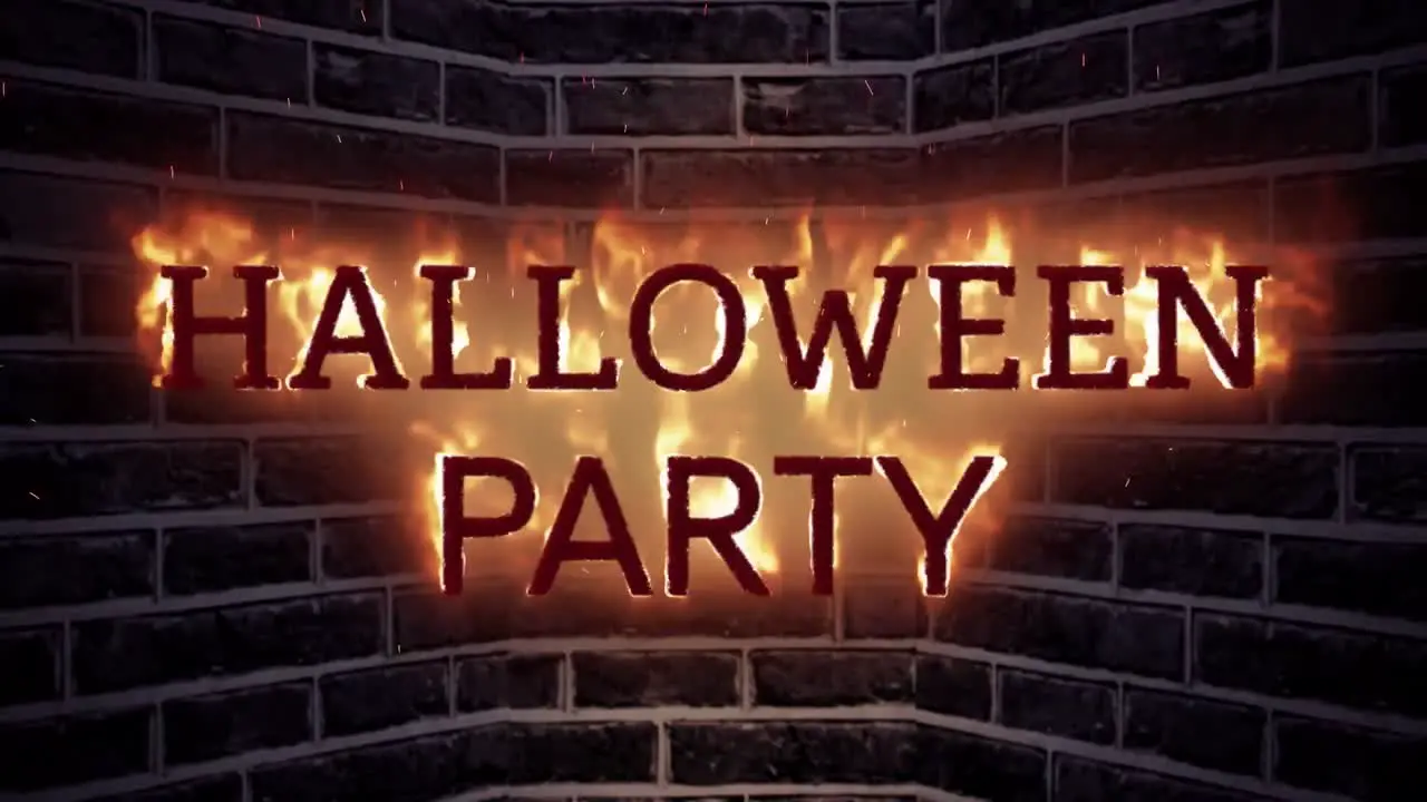 Animation of halloween party and flames over brick background