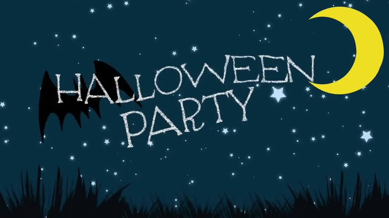 Animation of halloween party text over bat and stars