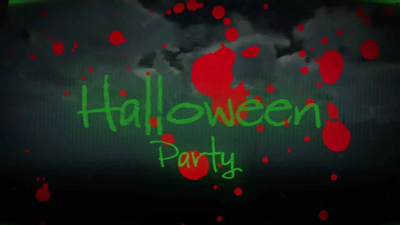 Animation of halloween party text over blood stains and clouds on sky