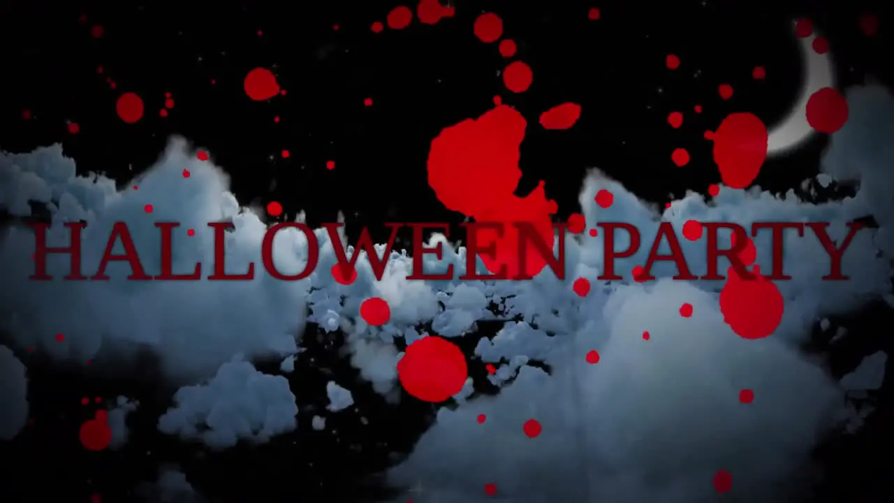 Animation of halloween party text over blood stains moon and clouds on sky