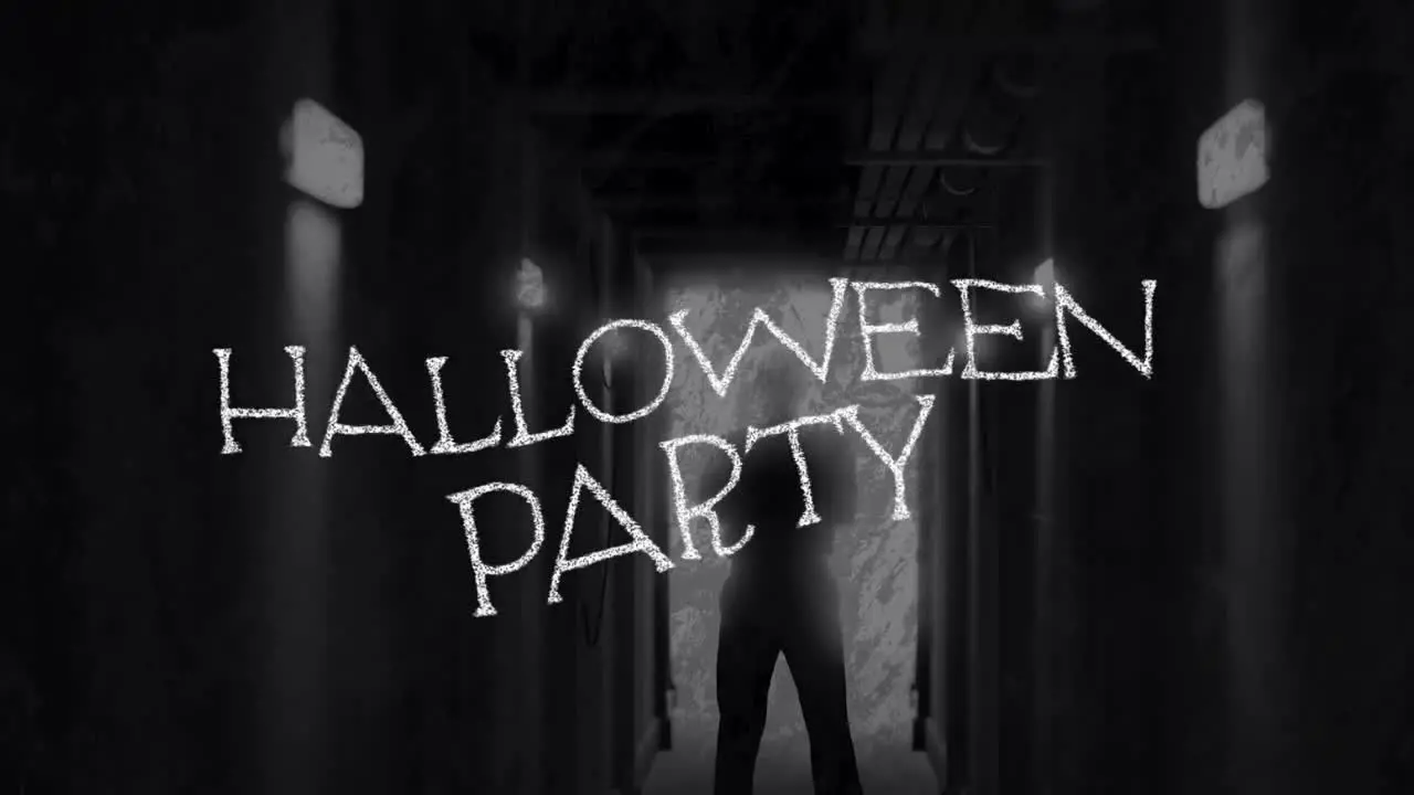 Animation of halloween party text over damaged film of scary figure backlit in dark corridor