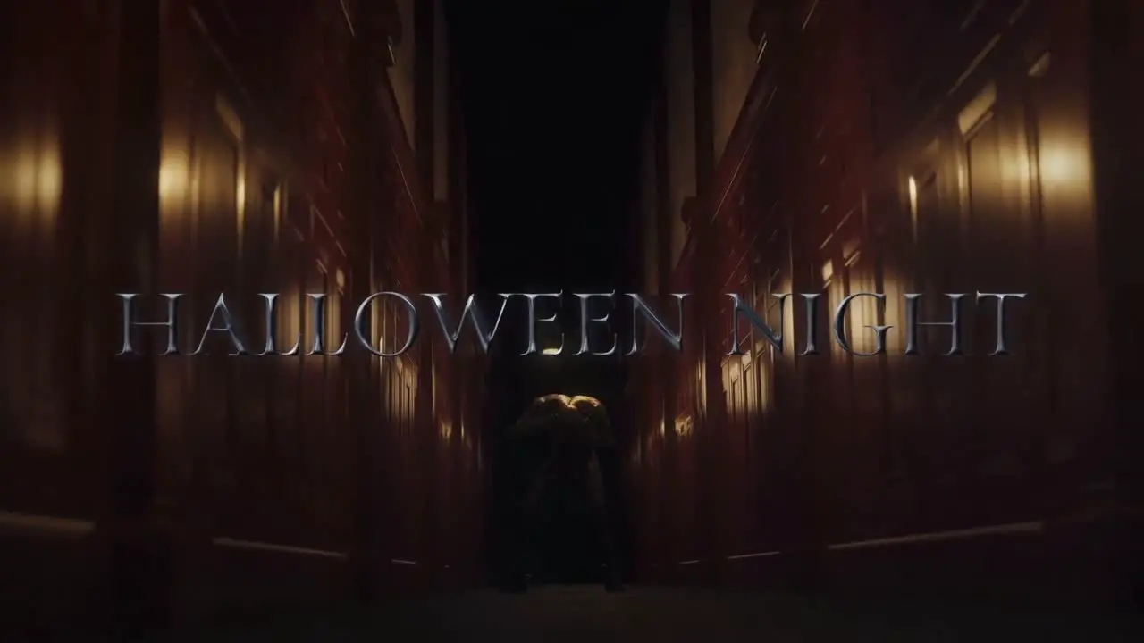 Animation of halloween night text over scary zombie figure in dark corridor