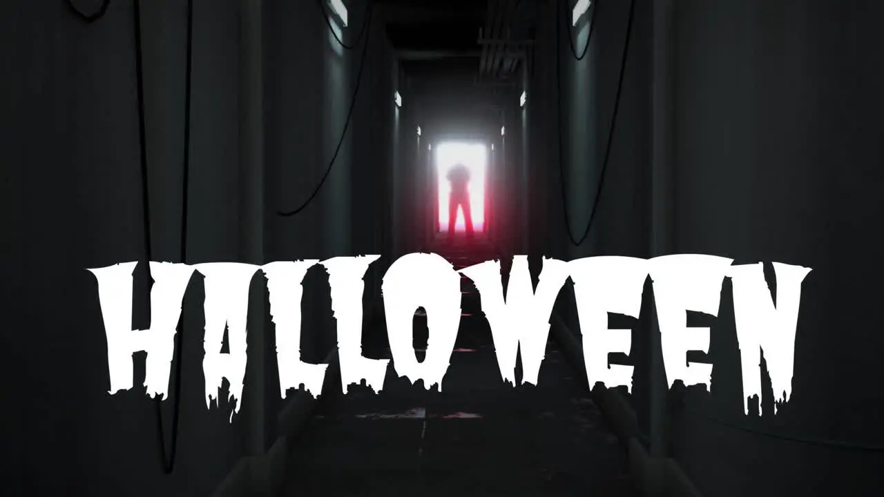 Animation of halloween text in white over scary figure backlit in dark corridor