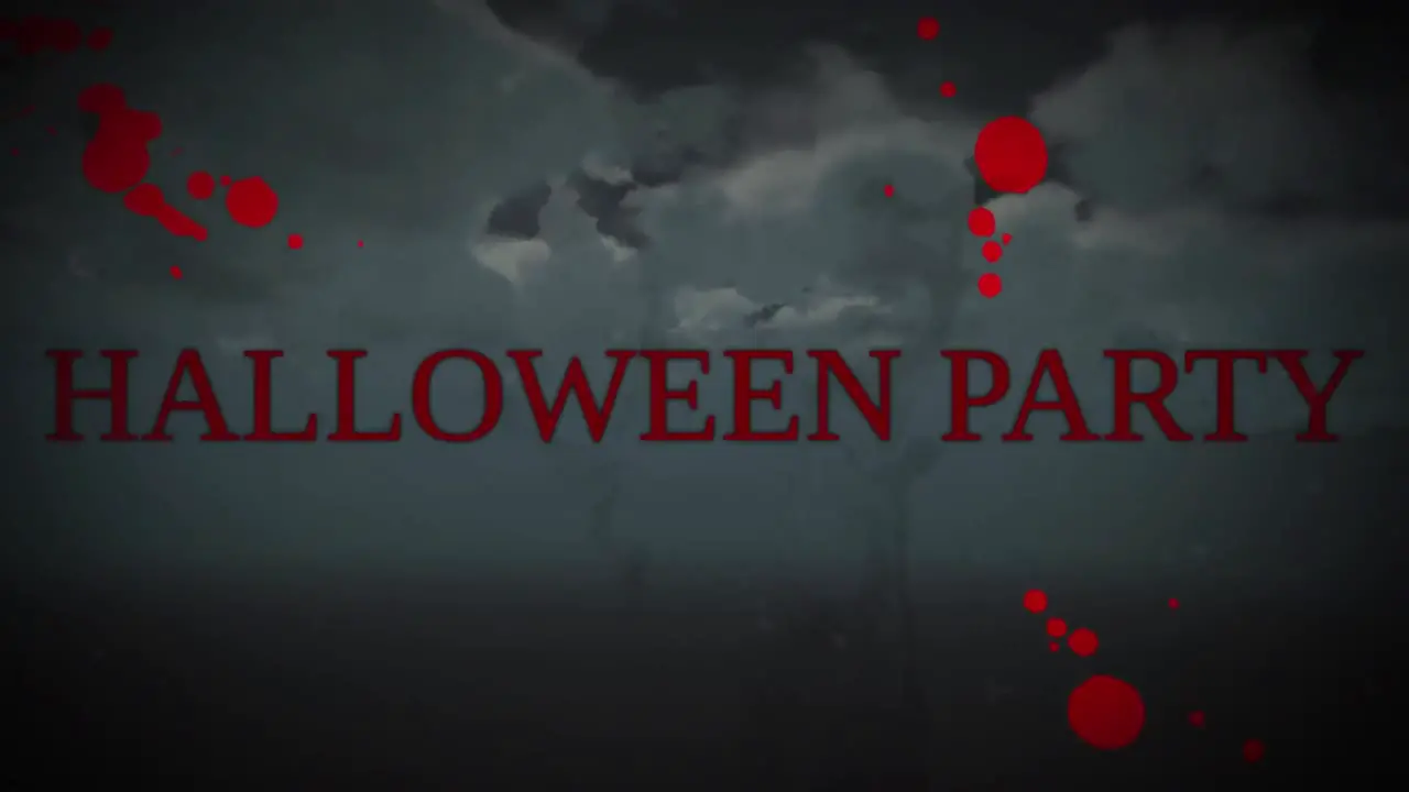 Animation of halloween party text over blood stains on cloudy sky