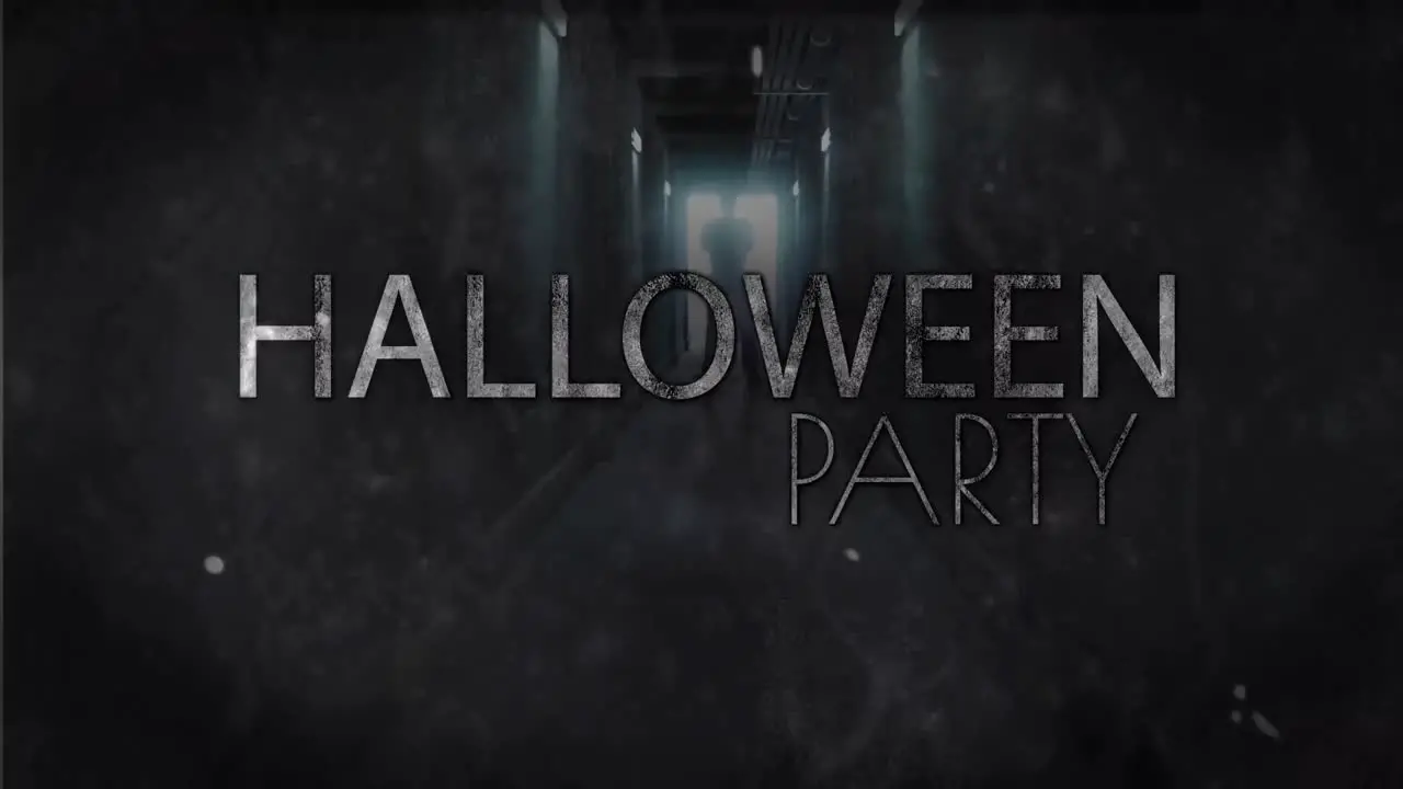 Animation of halloween party text in white over scary backlit figure at the end of dark corridor