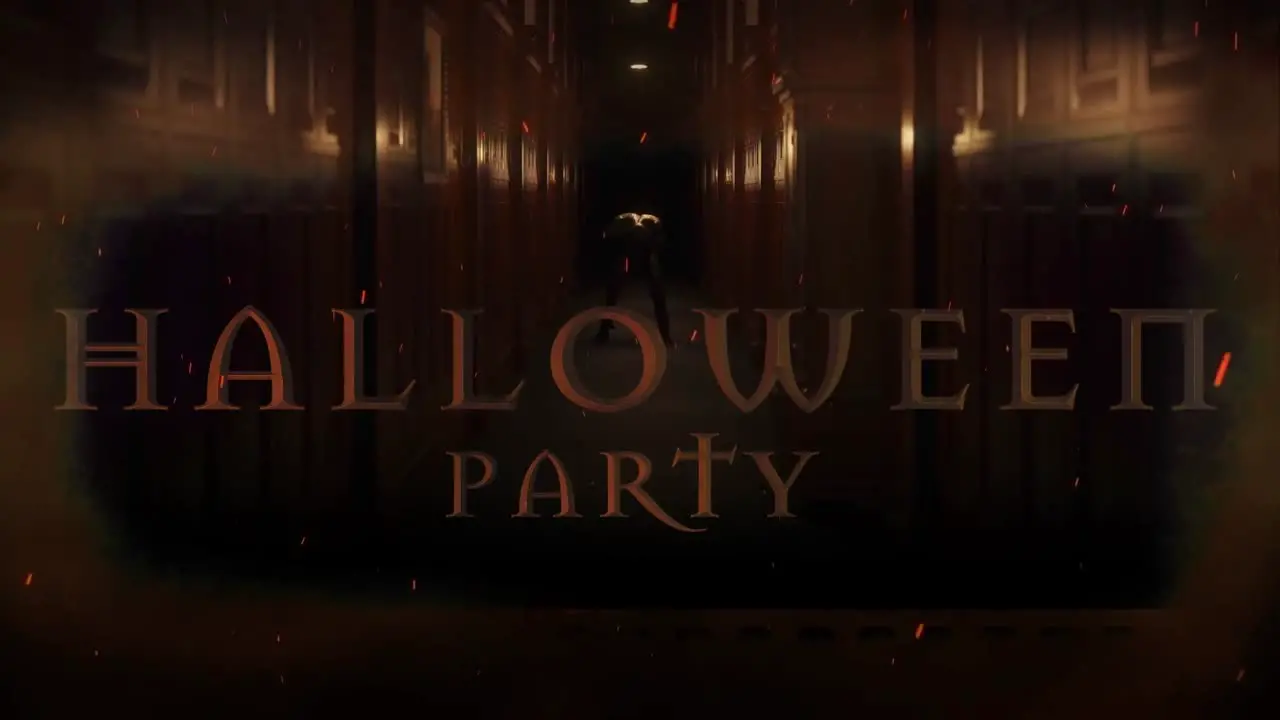 Animation of halloween party text over scary zombie figure in dark corridor holding head in pain