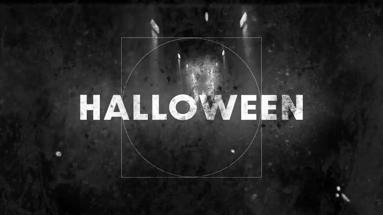 Animation of halloween text in white over damaged film of backlit figure at the end of dark corridor