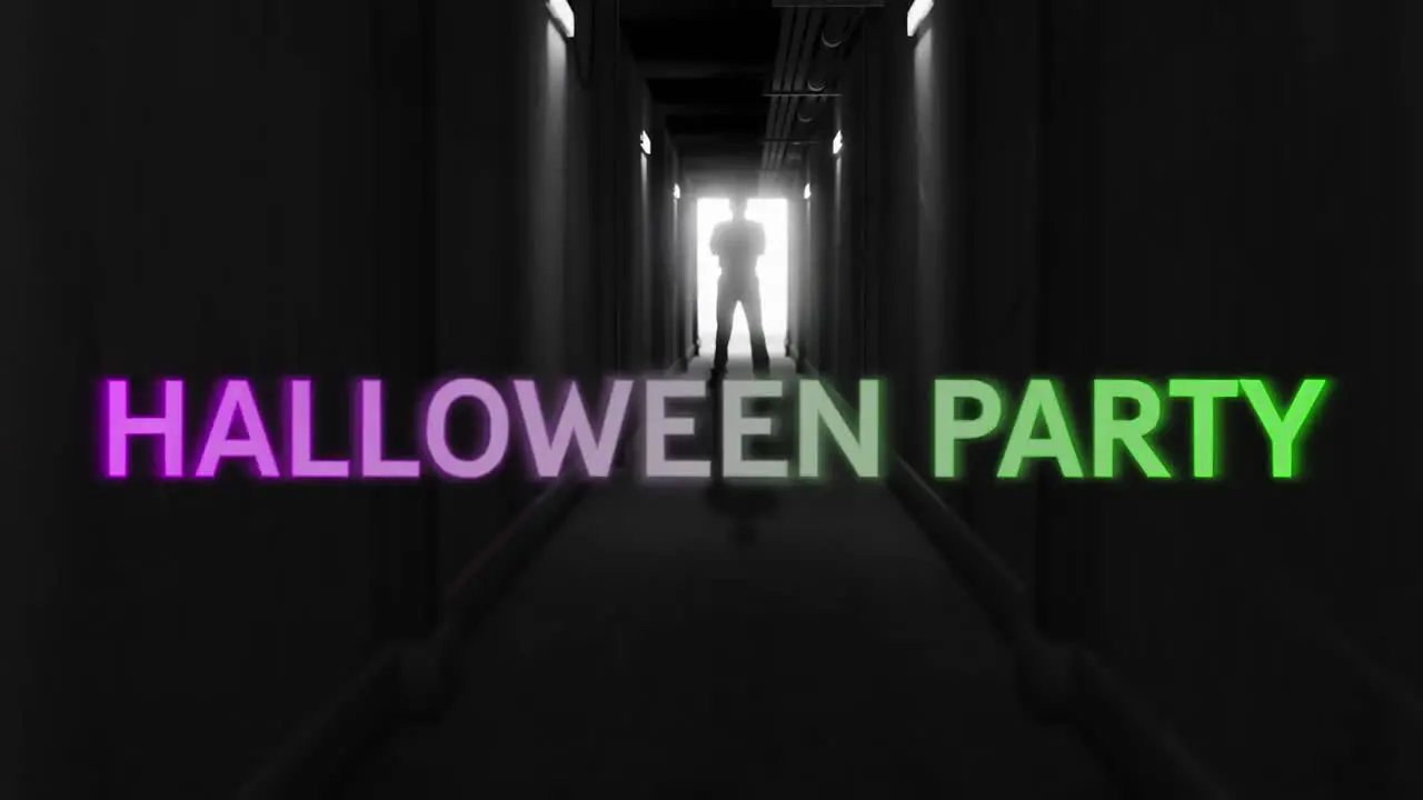 Animation of halloween party text in purple and green over scary figure backlit in dark corridor