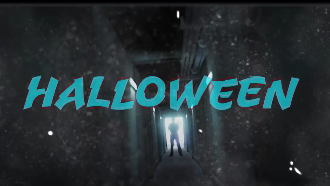 Animation of halloween text in blue over damaged film of backlit figure at the end of dark corridor