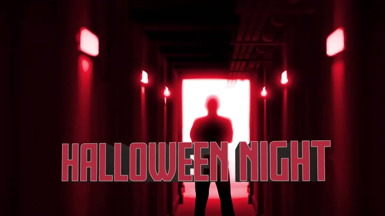 Animation of halloween night text in red over scary figure backlit in doorway of dark corridor