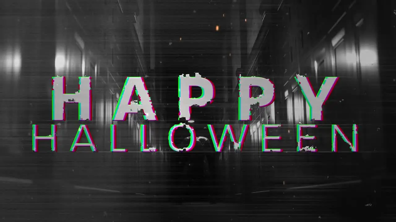 Animation of happy halloween text in white over zombie figure in dark corridor in black and white