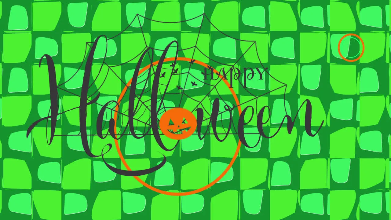 Animation of halloween pumpkin and bats over green background made of squares