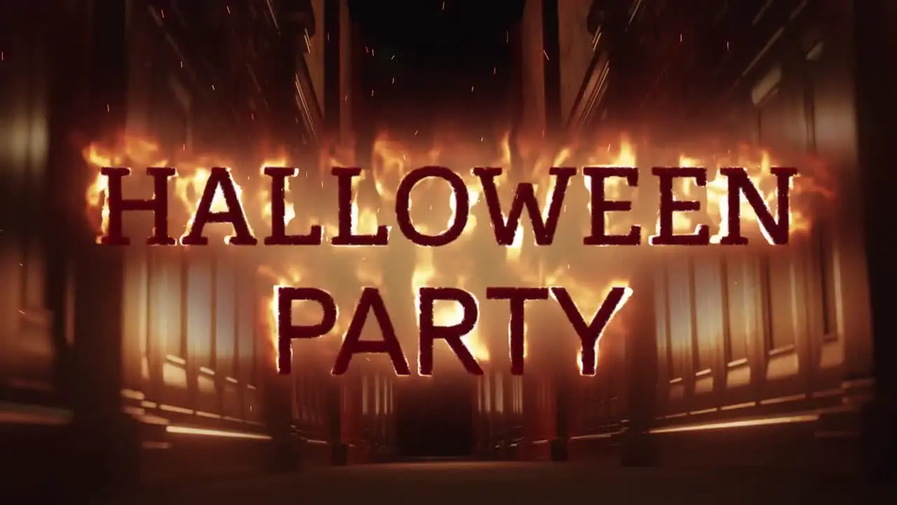 Animation of halloween party with flames over scary narrow corridor