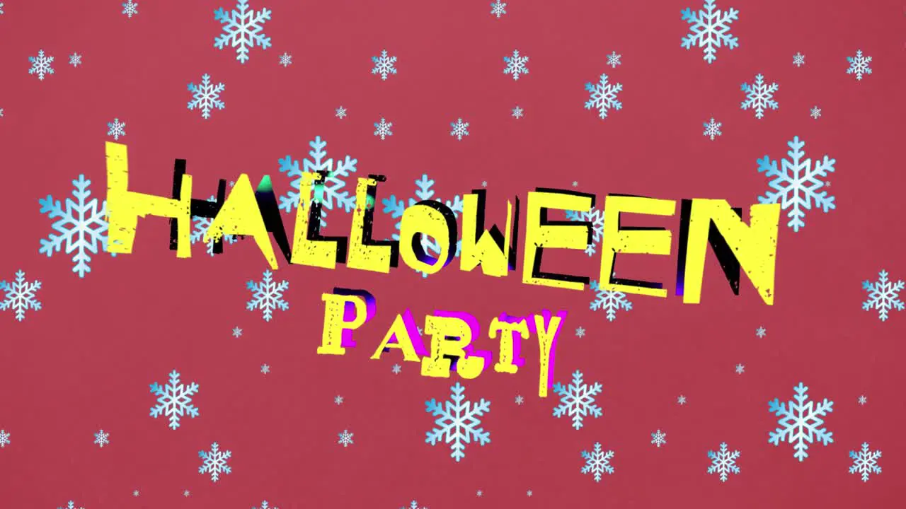 Animation of halloween party text over snow falling