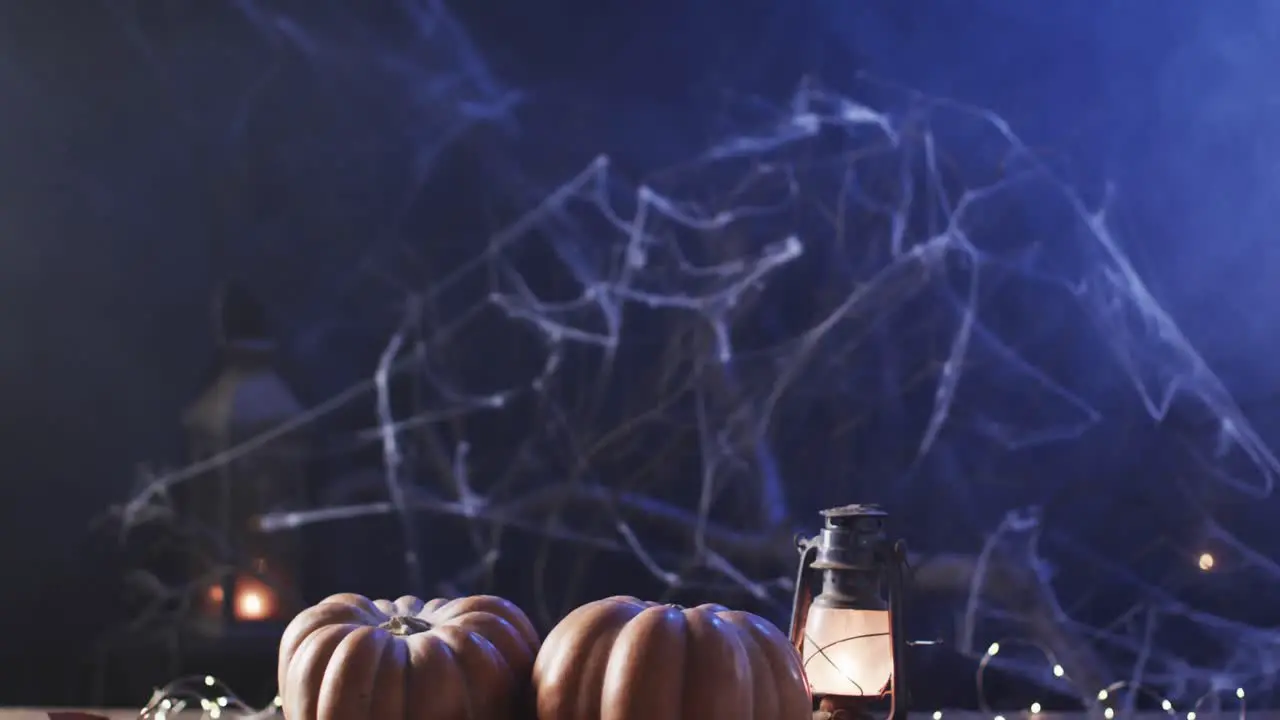 Video of halloween pumpkins and lantern with copy space on purple background