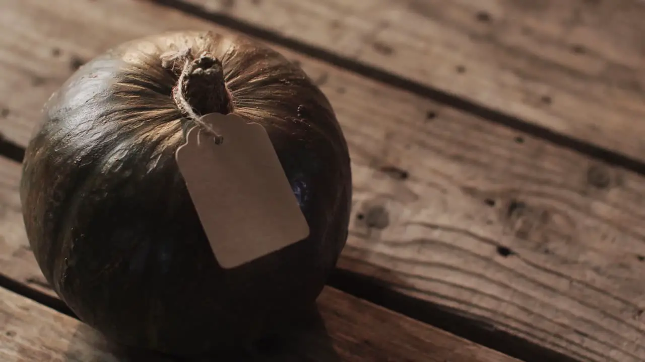 Video of halloween pumpkin with tag and copy space on wooden background