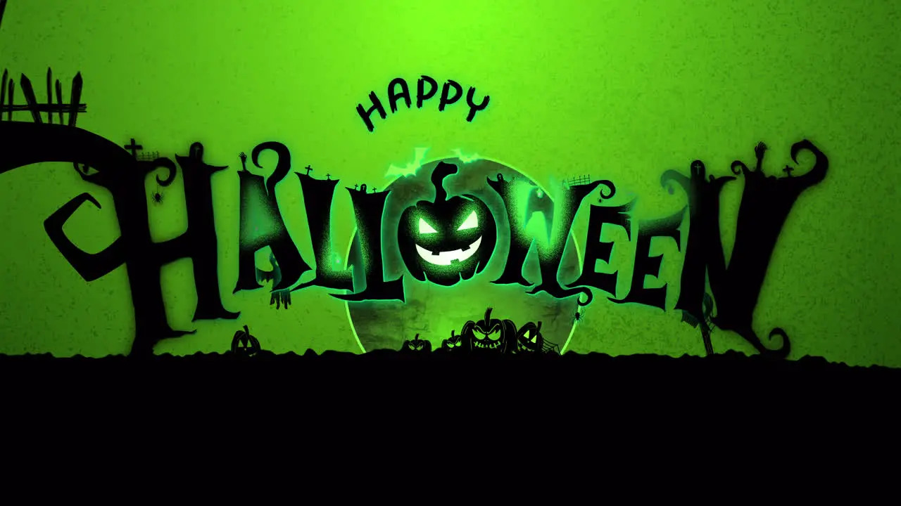 Animation of happy halloween pumpkins cemetery and full moon on green background