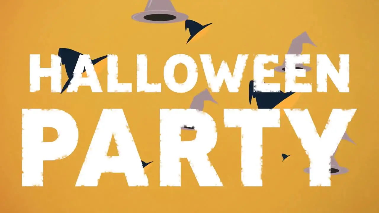 Animation of halloween party and floating witch hats on yellow background