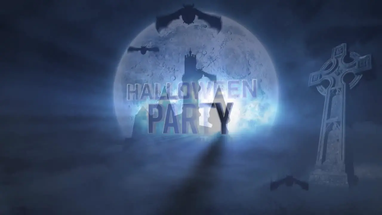 Animation of halloween party and bats over full moon and night sky background