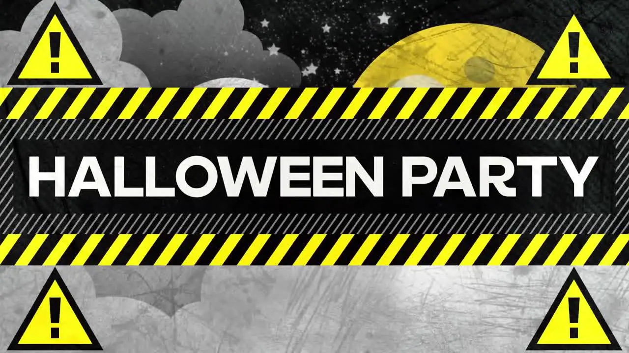 Animation of halloween party text with warning signs over clouds and moon on sky