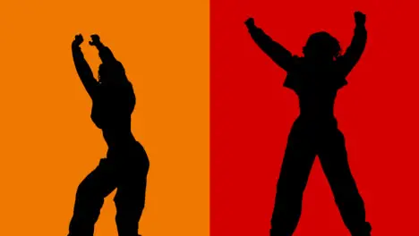 Split Screen Studio Silhouette Of Women Dancing Against Red And Orange Backgrounds