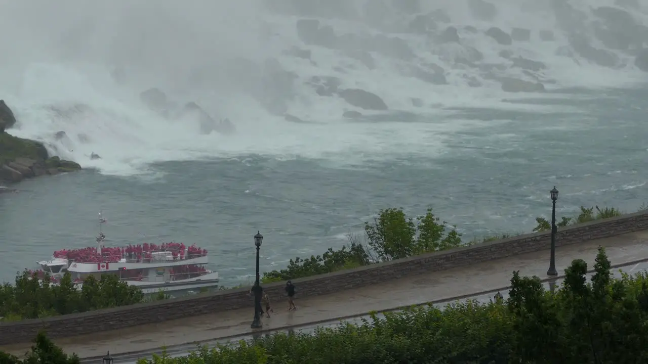 People Running Through Rainy Bad Weather River Ferry Background High Angle