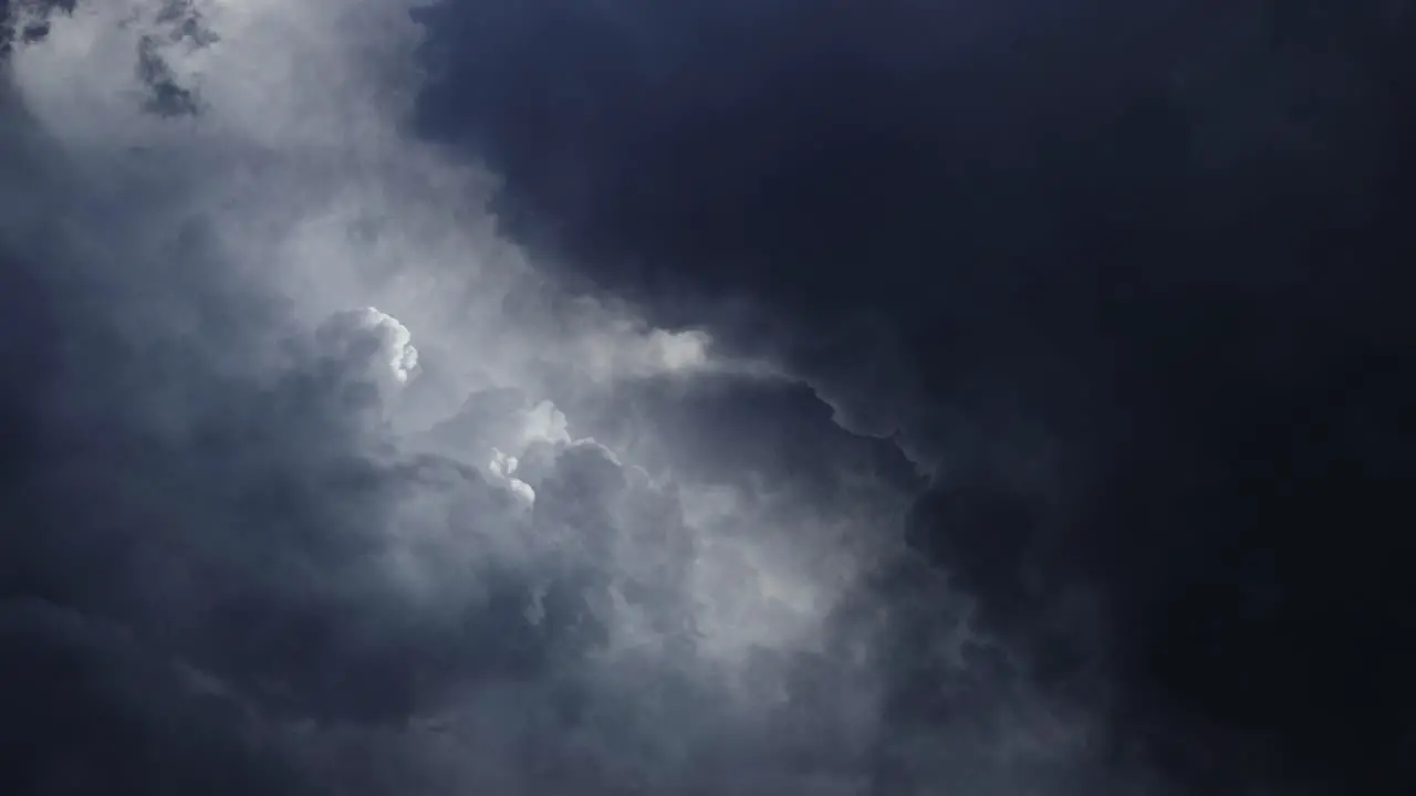 flying through in dark cumulonimbus clouds with lightning flashes