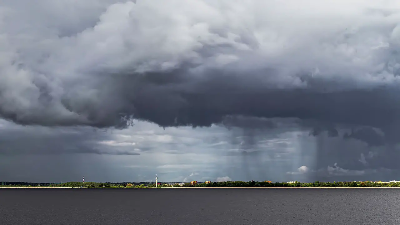 Timelapse of stormy clouds moving threateningly over inhabited area