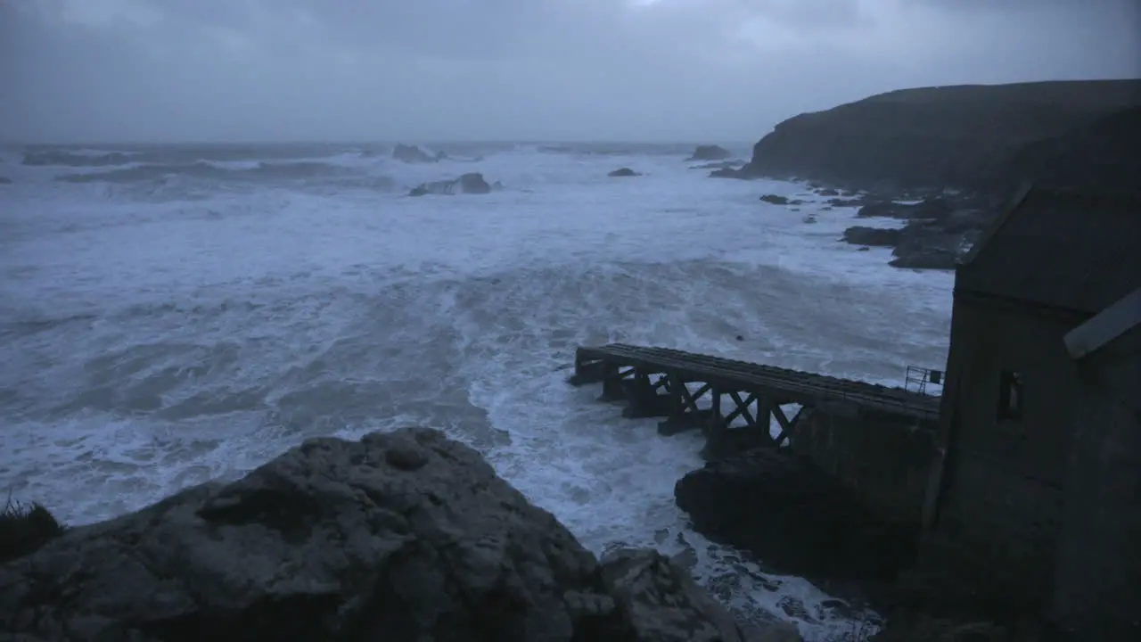 Stormy tilt up of a lifeboat stations slipway