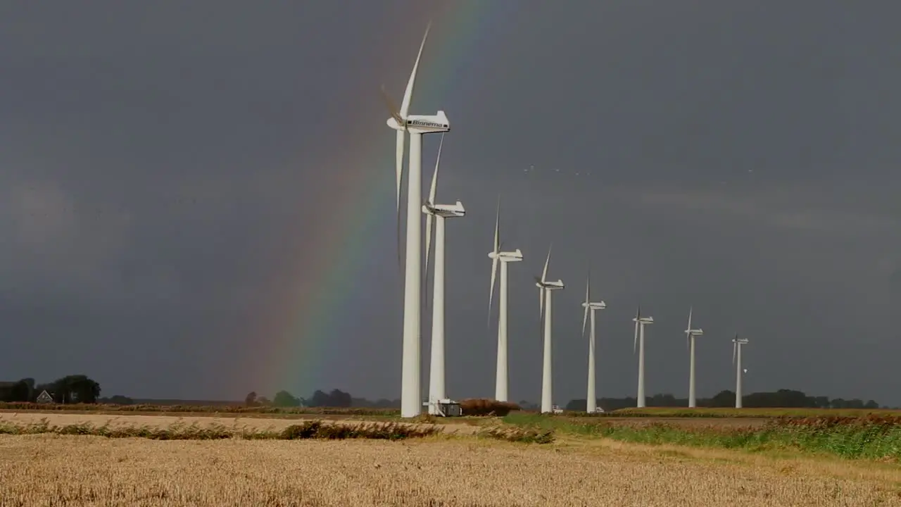 Stormy sky and rainbow over a row of