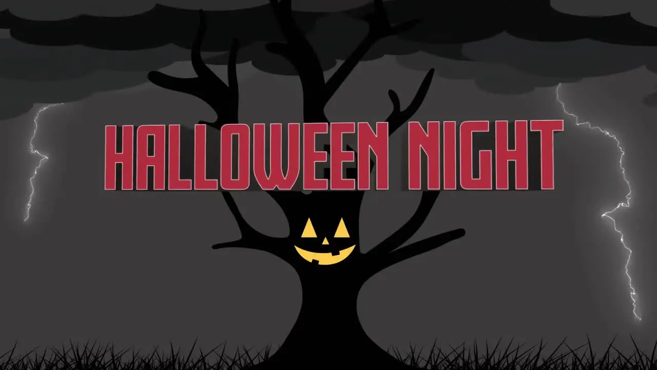 Animation of halloween night text over tree and stormy sky