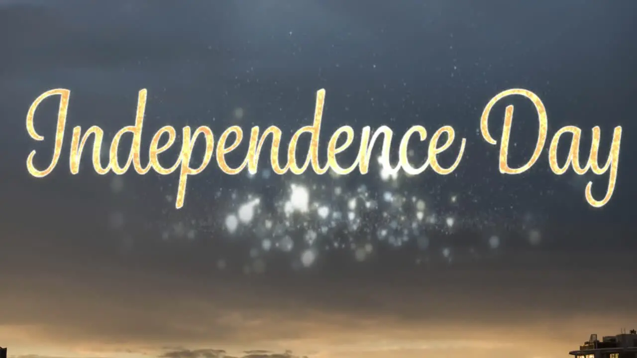 Animation of independence day text with glowing lights and stormy sky