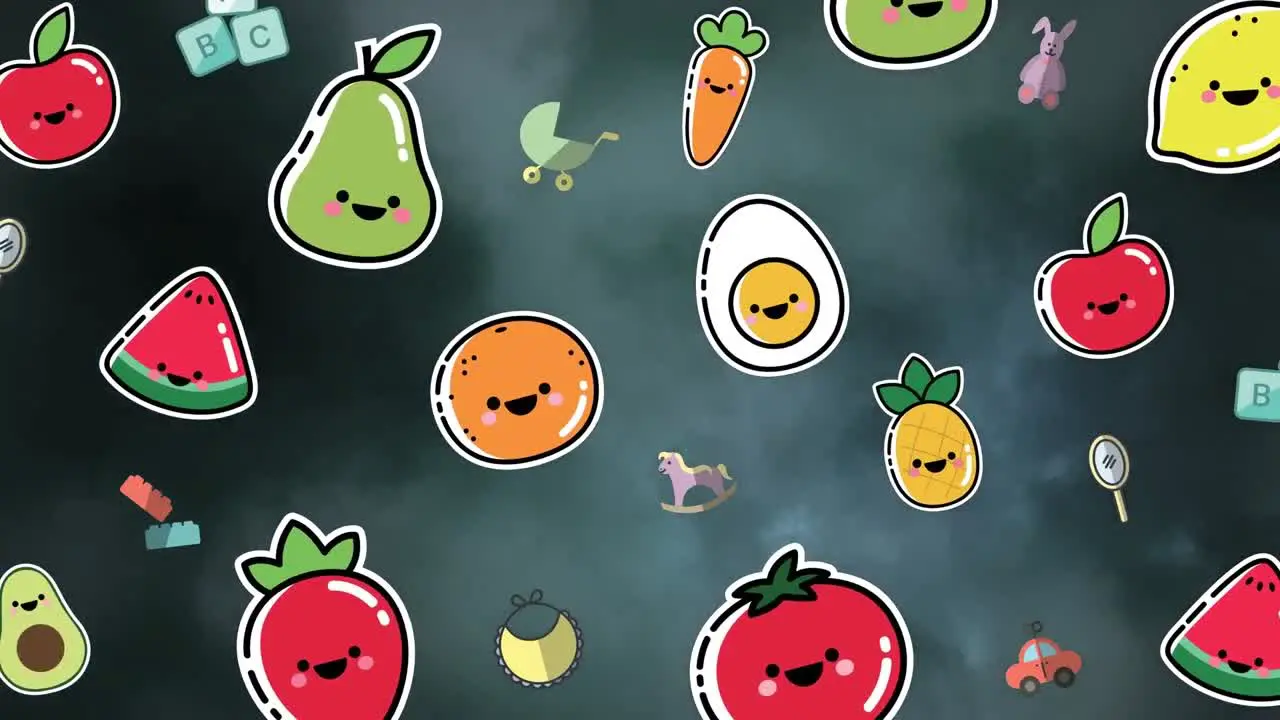 Animation of cartoon fruits and baby items appearing over stormy sky