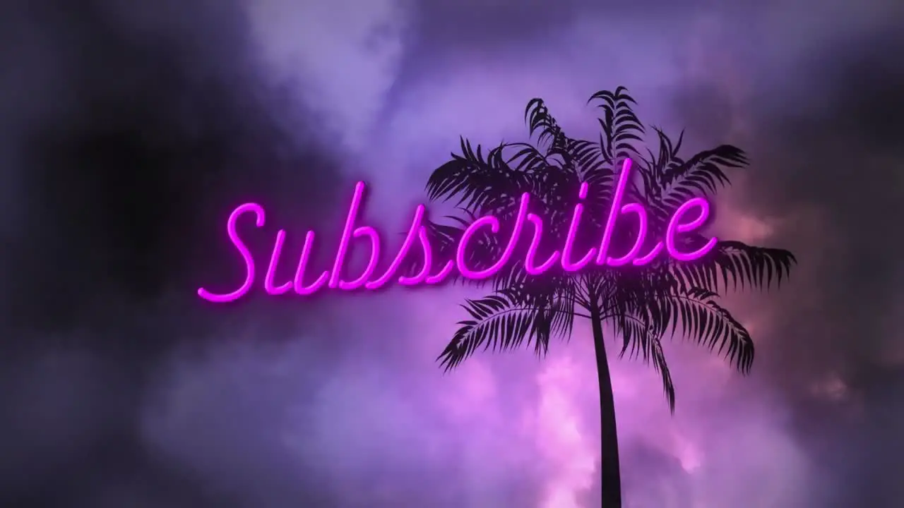 Animation of subscribe text over palm tree and stormy sky