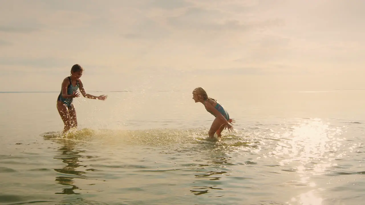 Two Carefree Girl Playing In The Water Laughing And Splash Each Other With Water