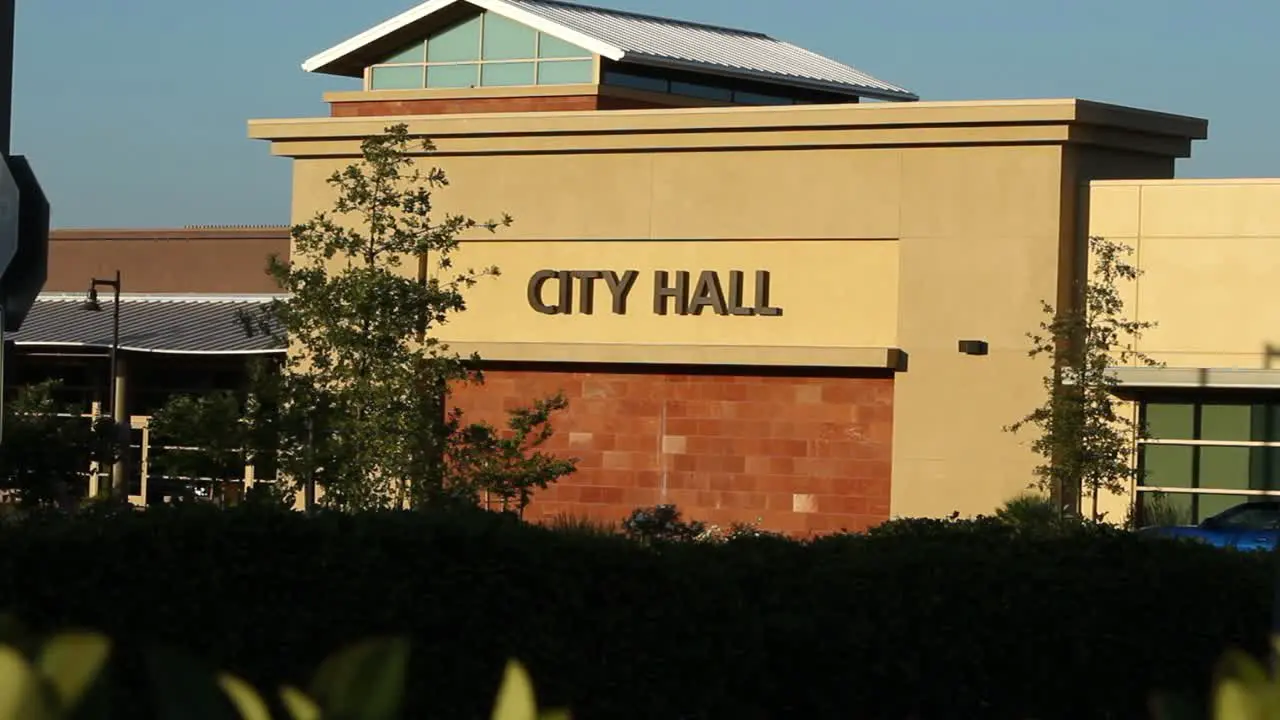 City Hall Anytown USA Wide Establishing Shot Afternoon Tracking Right