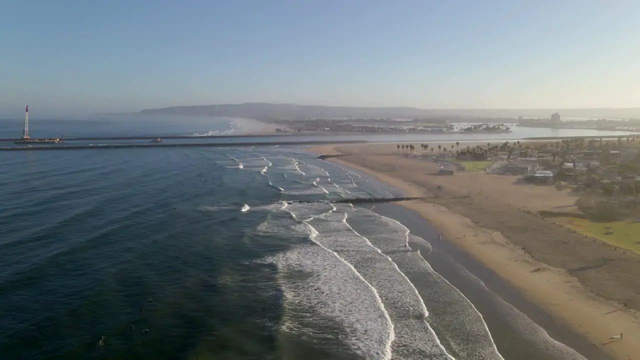 Aerial shot of shore of Ocean Beach California near San Diego