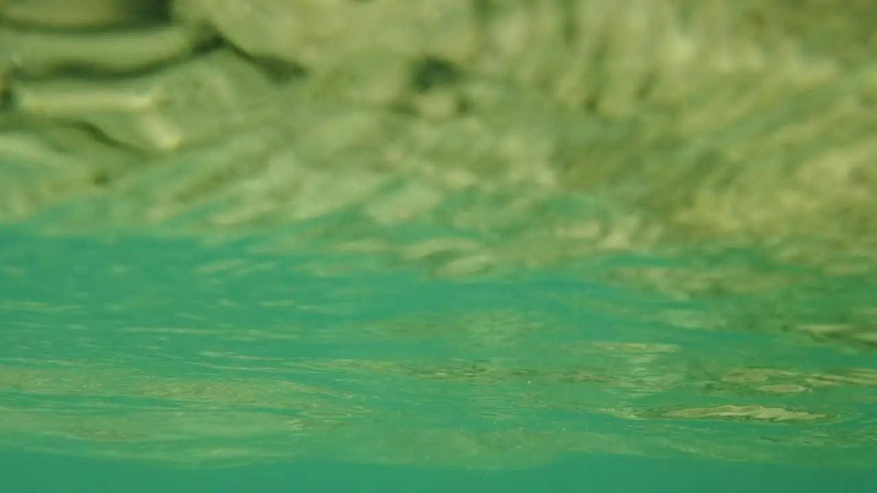 A shot of the ocean ceiling from just underneath looking towards the sky with gentle waves and a bright green reflection of the reef and corals below in the andaman sea