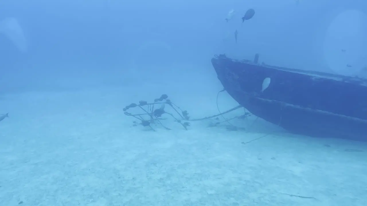 Cinematic wide shot of the bow of a shipwreck on the ocean floor while looking through a submarine porthole off the coast of Hawai'i