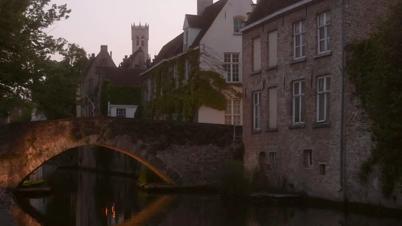 Pan shot at dusk from the Historic center of Bruges considered as one of Europe's most beautiful UNESCO site