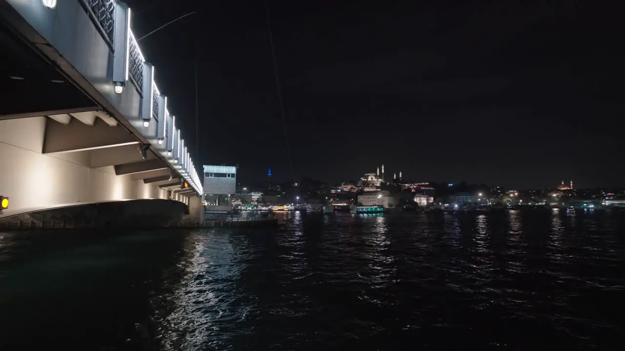 panning revealing shot of bosphorus river in Instanbul at night