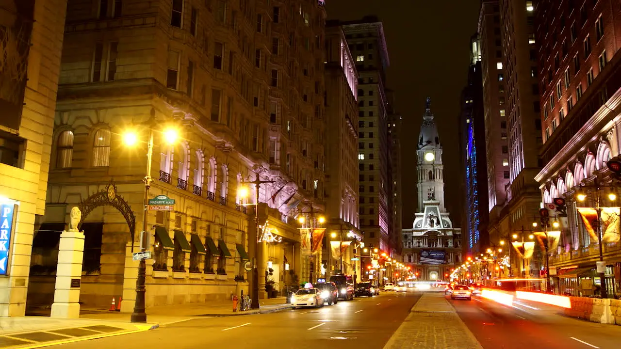 Busy Street Timelapse Car Lights Flying by Philadelphia City Hall