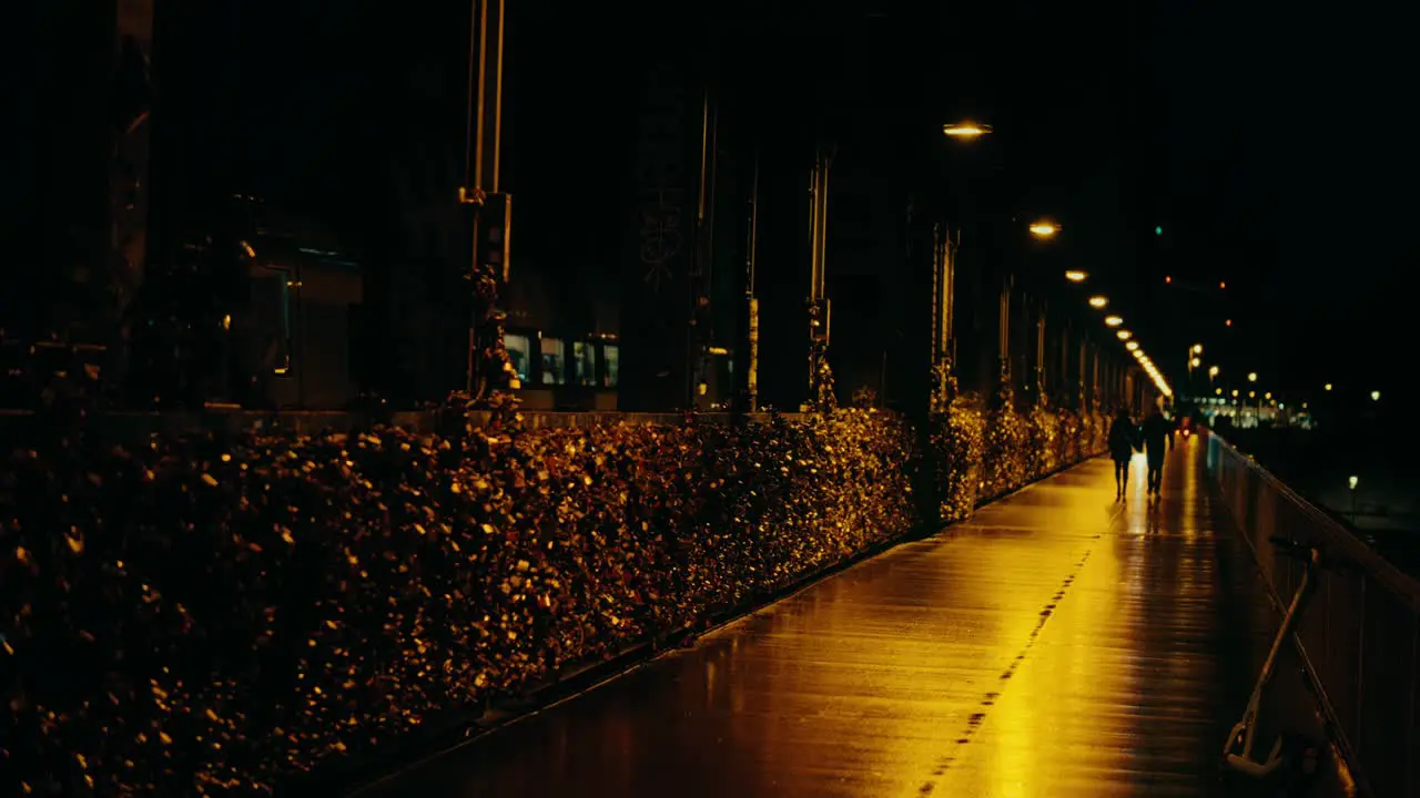 Cologne Bridge at night people walking in rain