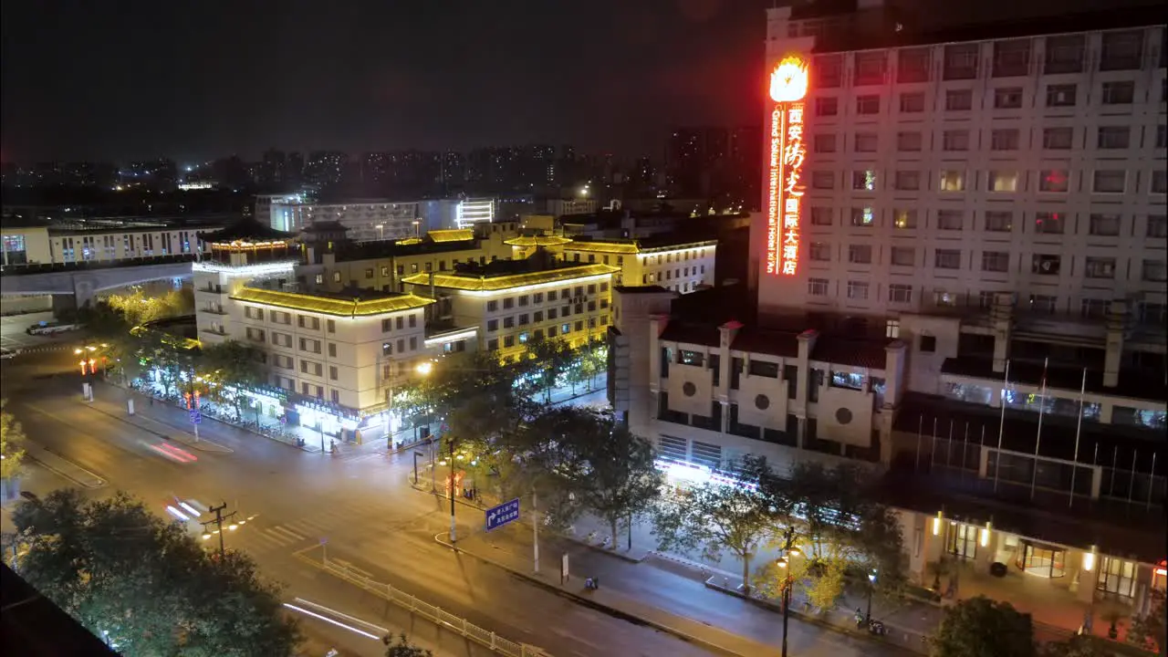 Night Timelapse Street with Traffic and City Lights in Xian China